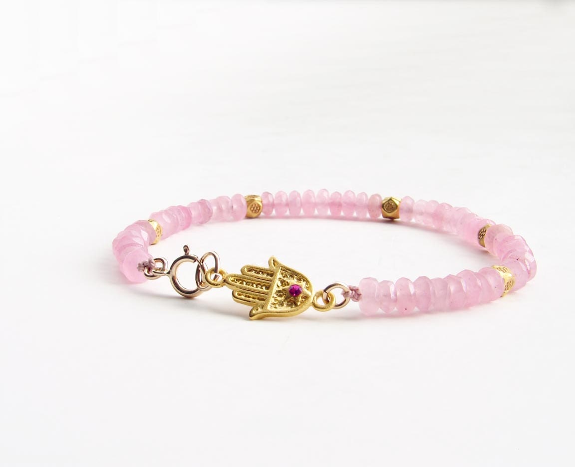 Pink Hamsa Bracelet. Faceted Rose Quartz, Gold Beads and Hamsa with a Crystal. Lucky Charm