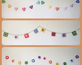 Crochet Garland  combo - 3 garlands you coose the shapes. Bunting / Banner / Pennant, circles, squares tringles