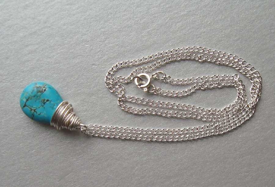Turquoise Howlite Briolette Necklace - Wire Wrapped Teardrop Gemstone Pendant - Aqua and Silver Jewelry - Minimalist