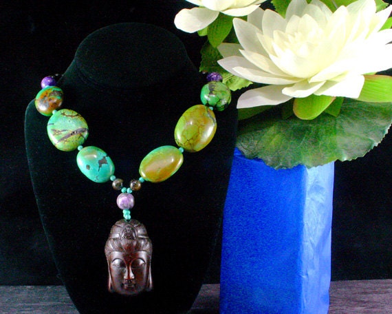 Turquoise Necklace - Kwan Yin Pendant - Buddha - Ancient Jewelry - Statement Necklace - Beadwork - Ethnic - Charoite - Chunky Bead Necklace