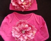 NEWBORN Baby girl outfit - layette - gown -hot pink over sized flower adorn this outift - matching beanie hat- photo prop outfit