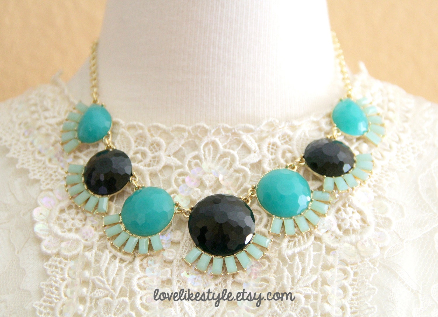 Black , Teal and Mint Stone Gold Chain Statement Necklace , Bib Necklace, Bridal  Necklace, Bridesmaid Necklace