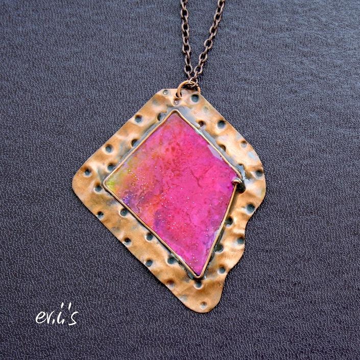 RESERVED Handcrafted Oxidized Copper Dot Hammered Textured Soldered Square Pendant with Pink Paper and Resin Metalwork Gift for Her
