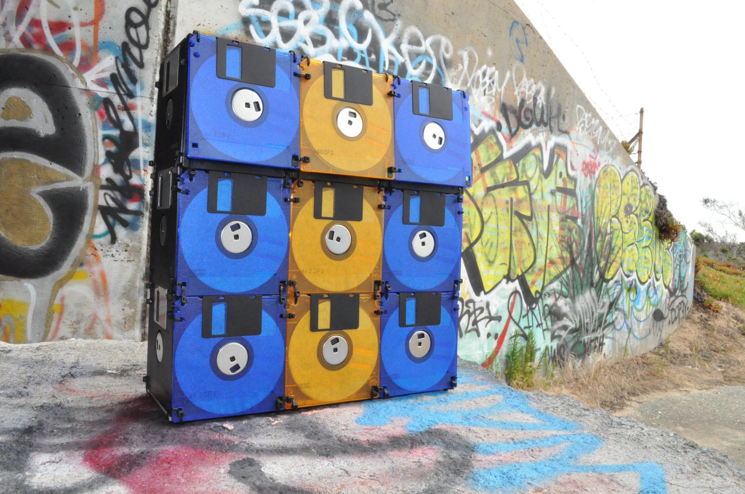Floppy Disk Bag, blue and orange stripes, eco-geek-chic