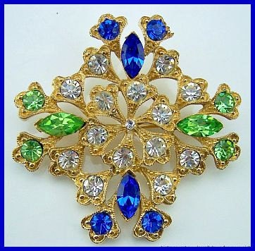 Vintage Rhinestone Brooch Pin w Blue Green & Clear Paste Set Stones Gold Metal 2" EX