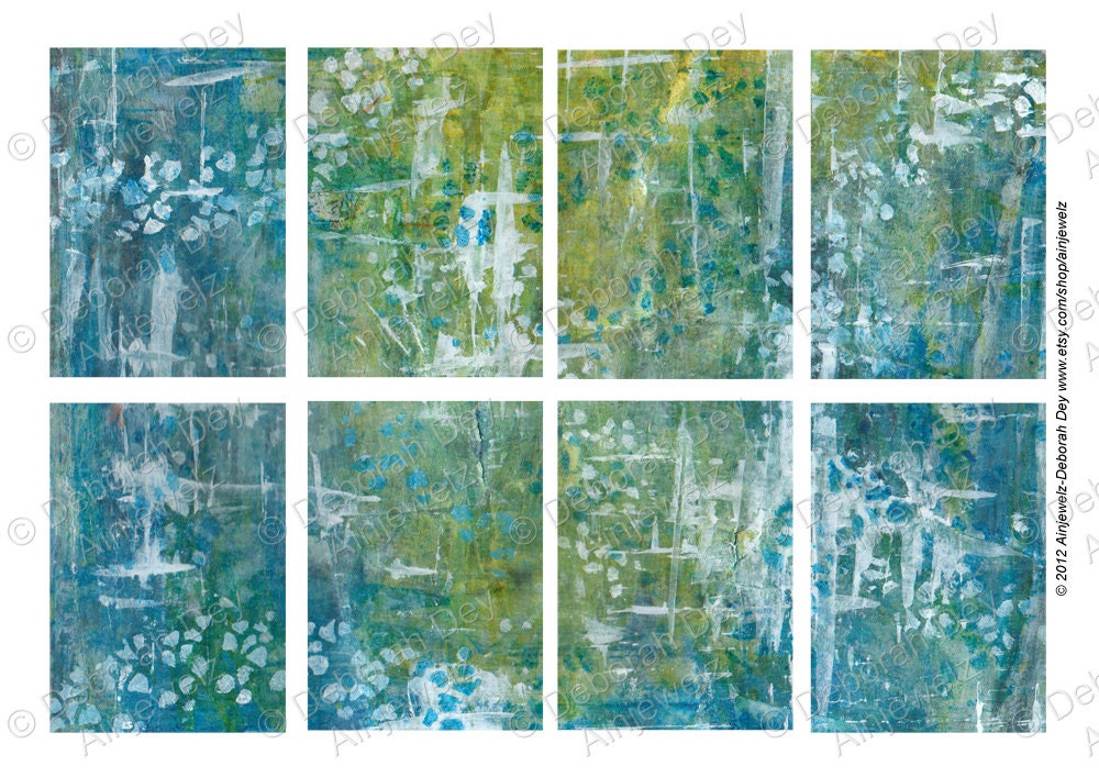 ATC Backgrounds - Digital Collage Sheet , Blue Green paint effect- aceo altered art , journaling