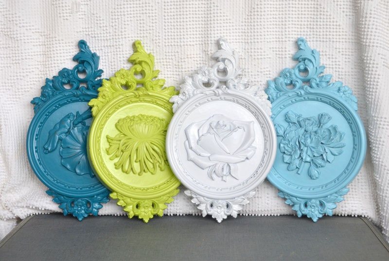 Lime Green Aqua Teal White Wall Plaques Vintage Dart Floral Ornate Wall Hangings Coastal Cottage Modern