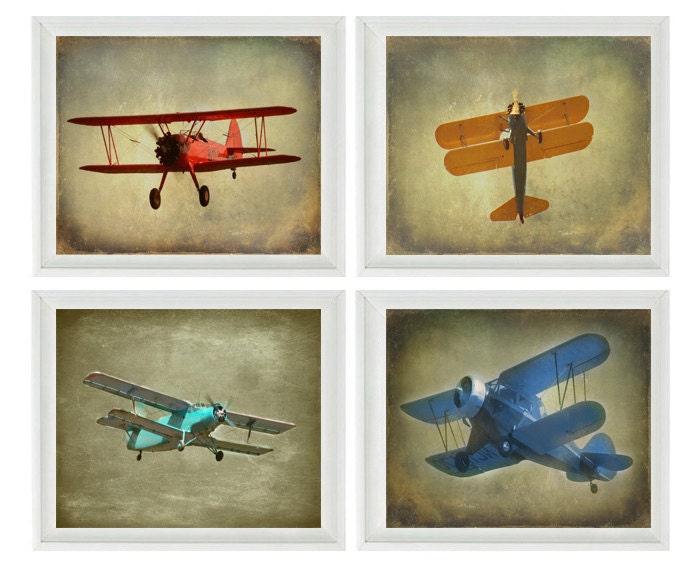 Vintage Airplane Art Print Set - SALE 25% OFF Nursery Boys Room Red Aqua Blue Gray Biplane Flying Aviation Home Decor Photograph