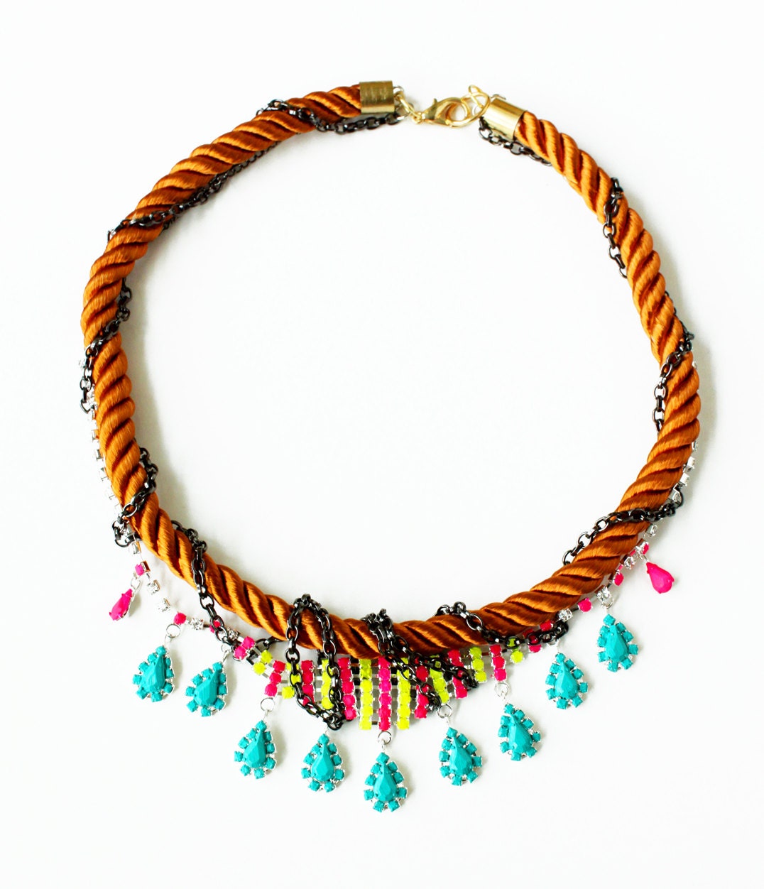 Kershie, Chunky Neon Necklace, tribal necklace, raw ropes with chains and hand painted rhinestones. OOAK