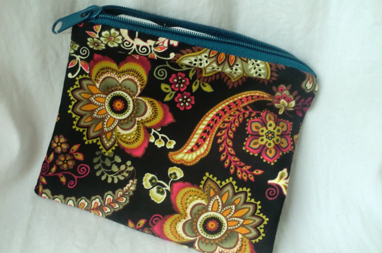 Black abstract floral flat cosmetic, black and white interior, zippered pouch, floral clutch