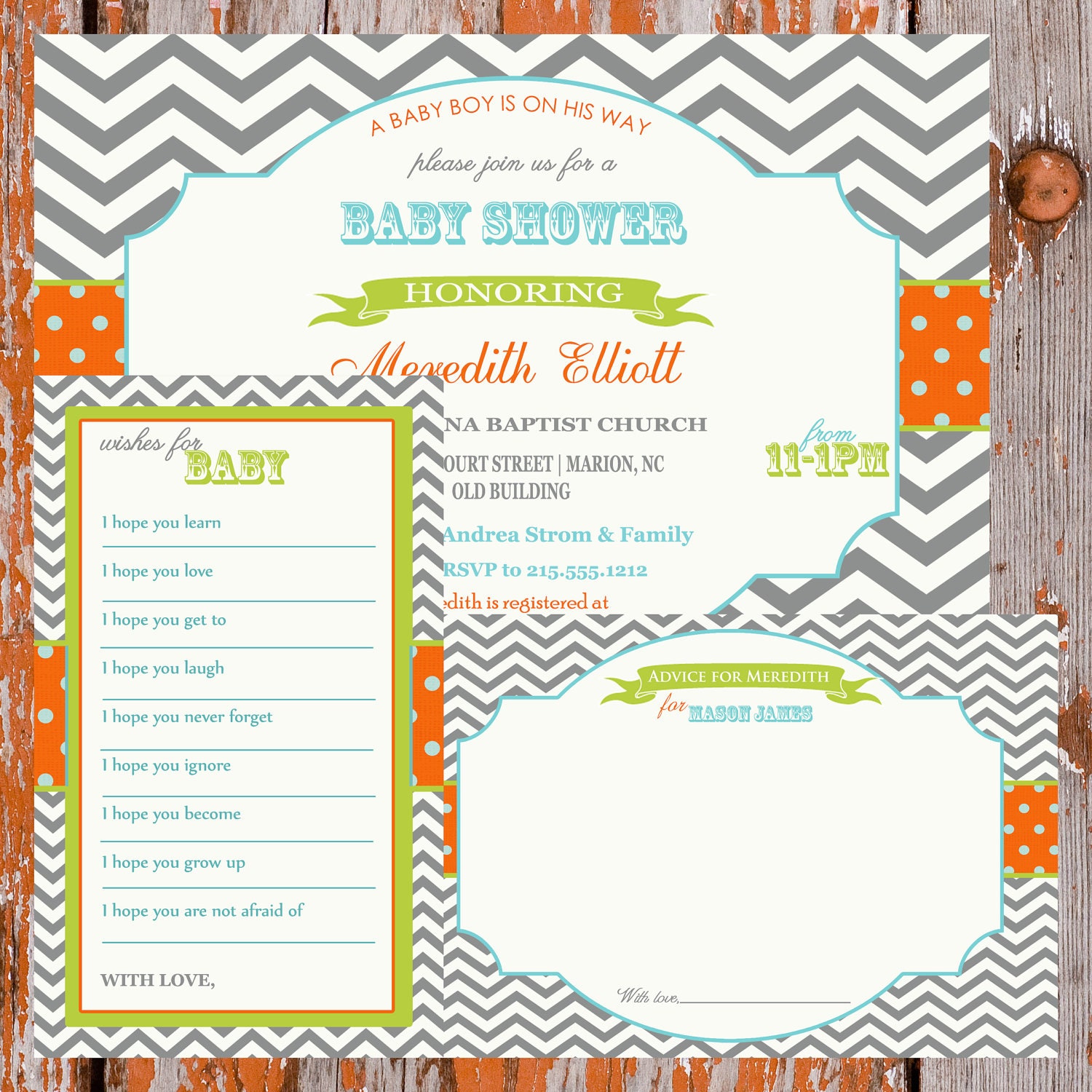 Baby Shower Party Pack Invitation Chevron Stripe orange, lime and aqua- digital file,printable Il_170x135