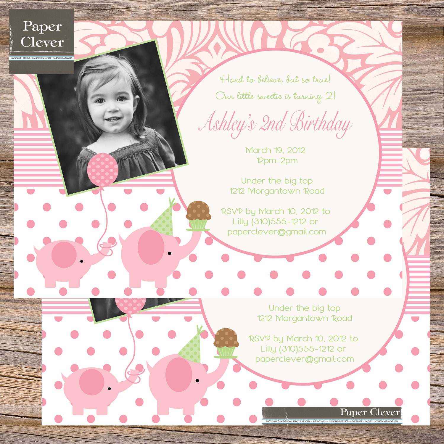 Girls Birthday Invitation pink, green elephant & photo -digital file,printable Il_170x135