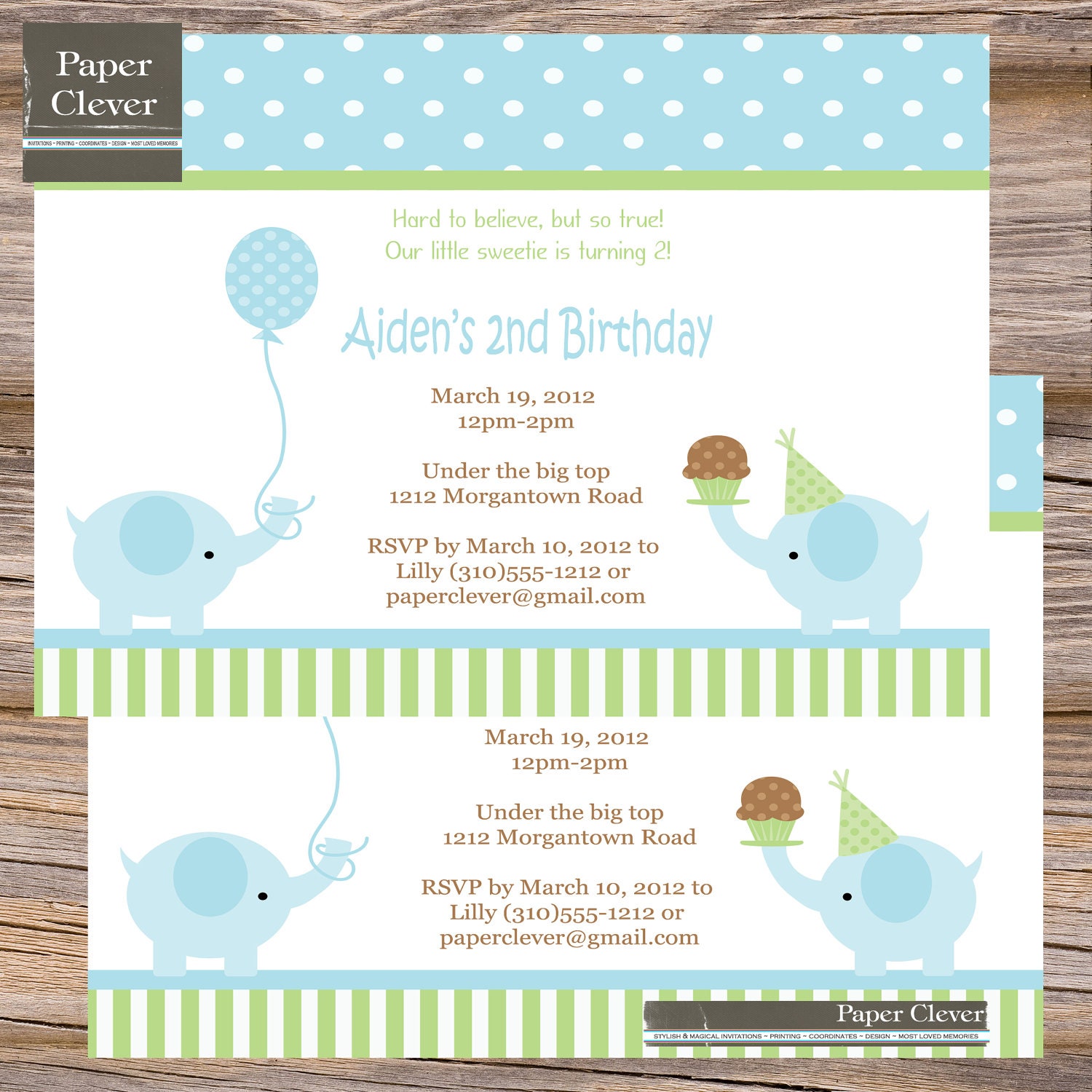 Boys Birthday Invitation elephant blue & green - first birthday - digital file, DIY Il_170x135