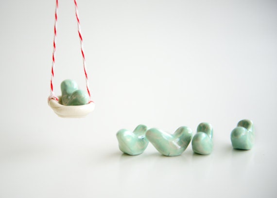 Mint Ceramic Bird in Its White Nest- Miniature Swallow by RossLab