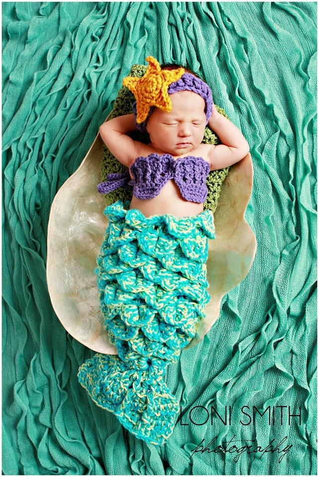 Baby Mermaid Set 0-3m Starfish Headband Shells Tail Drape - Hat Crochet Outfit Newborn Boy Girl Halloween Thanksgiving Photo Prop