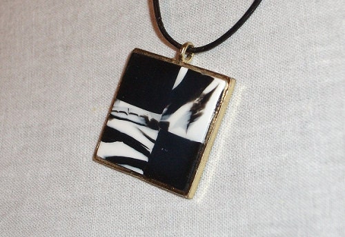 Polymer Clay on Gold-Tone Pendant Necklace "Dunes" design Black and White