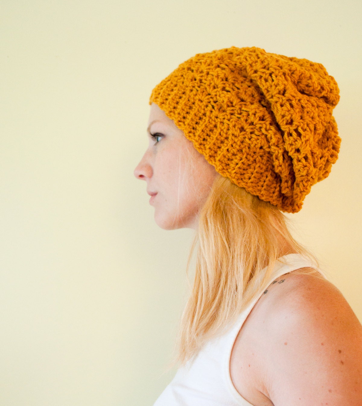 Slouchy hat beanie crocheted - mustard yellow goldenrod - wool