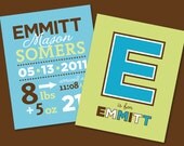 Set of 2 Personalized Nursery Art Prints (8" x 10") - 1 Birth Stats print & 1 Initial print - great baby gift - birth announcement