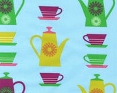 Robert Kaufman - Happy Home Collection by Print and Pattern - Retro Coffee Pots and Tea Cups - Aqua Blue