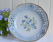 Blue pedestal bowl Bluebell pattern footed bowl vintage Swedish