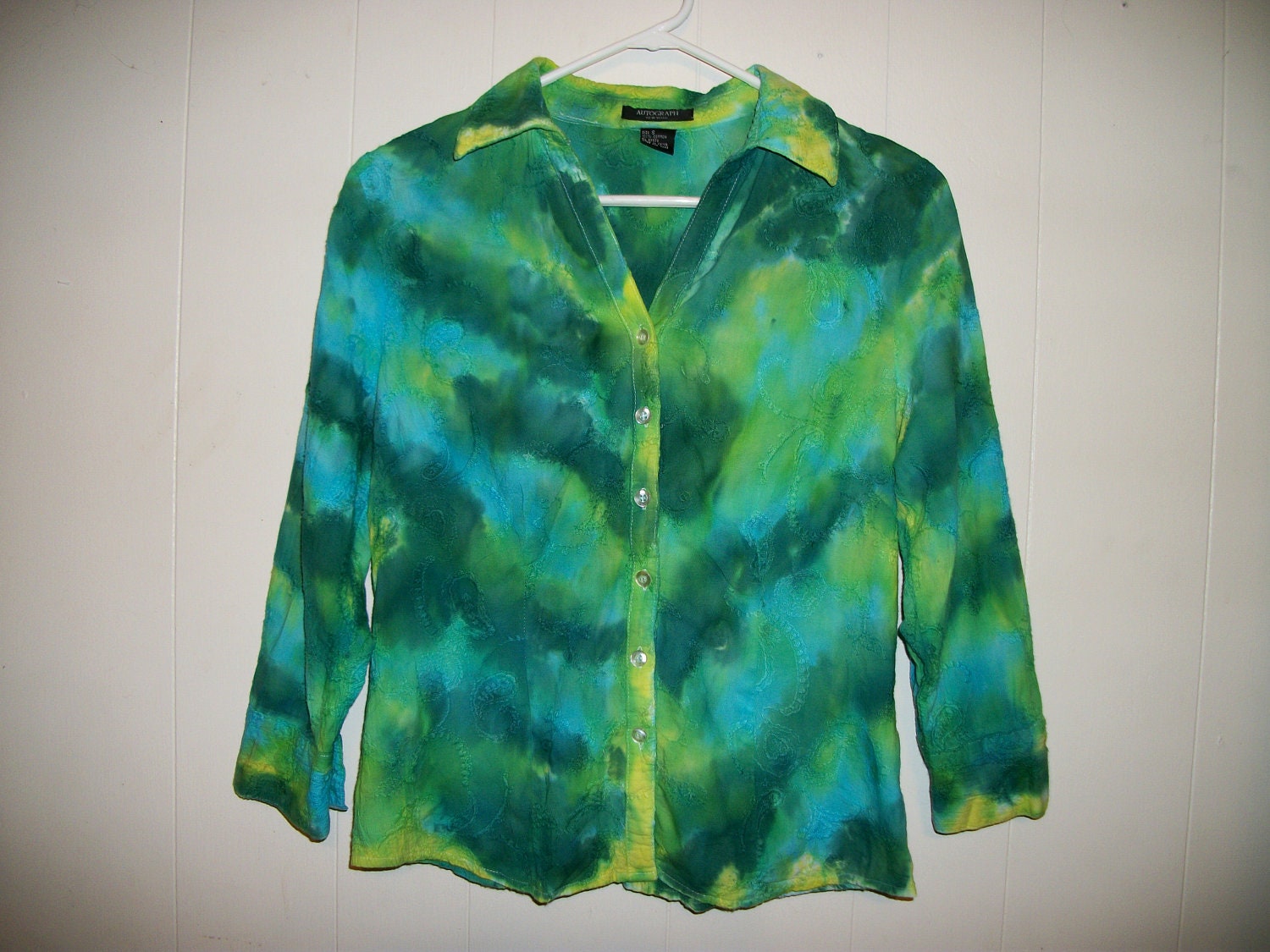 Hand-dyed Three Quarter Length Sleeve Embroidered Blouse, Size S