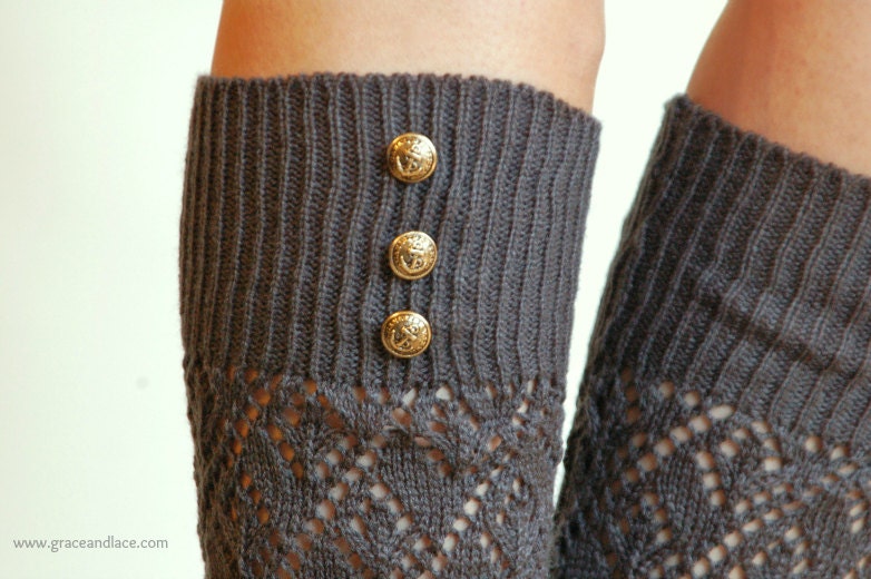SALE SALE LouLou - Graphite: Open-work Leg Warmers w/ antique gold metal buttons - Legwarmers boot socks (item no. 9-23)