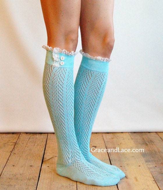 SALE Lacey Sock - Minty Teal Tiffany blue - open-knit socks - chevron herringbone patterned boot socks - lace socks (item no: 10-43)