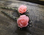 Bobby Pins Coral Roses on Filigree - Set of 2