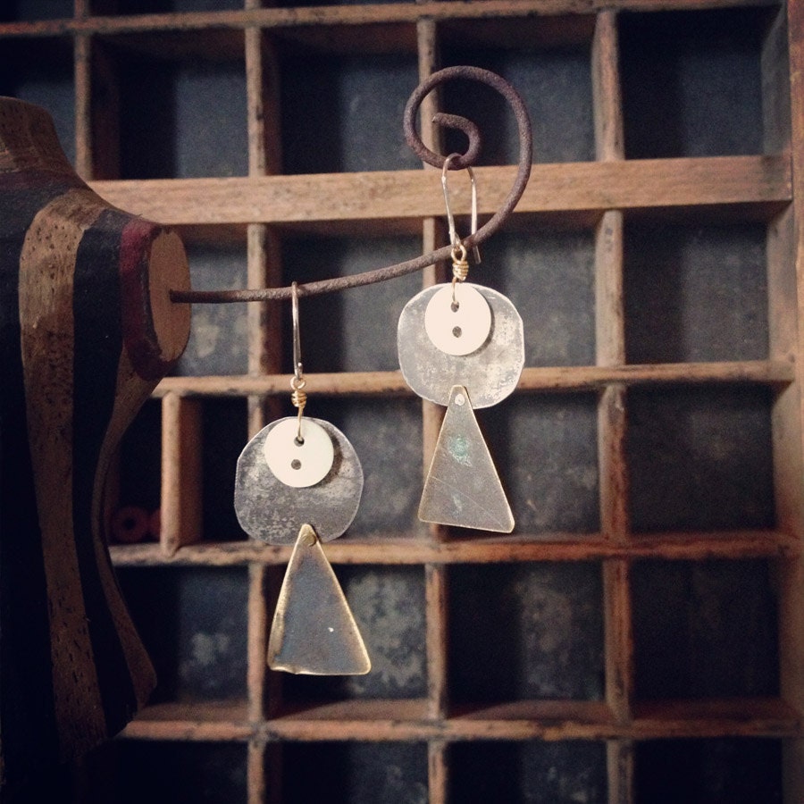 simple geometrics button, tin and brass dangle earrings