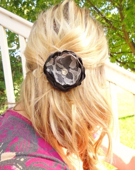 Black and Grey Flower Hair Clip, Satin and Lace Shabby Chic Hair Accessories, Simple, Teen Girls