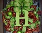 Christmas Monogram Wreath, Red and Lime Green, Initial