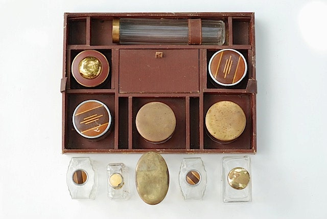 Antique Glass travel Containers, Grooming Case, Vintage Make Up Containers, Brass Hardware, Vintage Jars Brass Lids, Art Deco Travel Jars