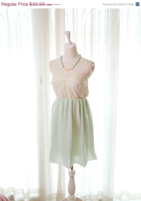 10% OFF SALE Mint Green Chiffon Eyelet Lace Sweetheart bustline Dress -Alice in wonderland fairytale ballerina style Party Cocktail