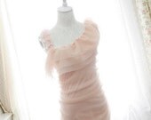 10% OFF SALE one shoulder dress chiffon floral petals ruffles cape bodycon tulle pale pink dreamy romantic Pastel