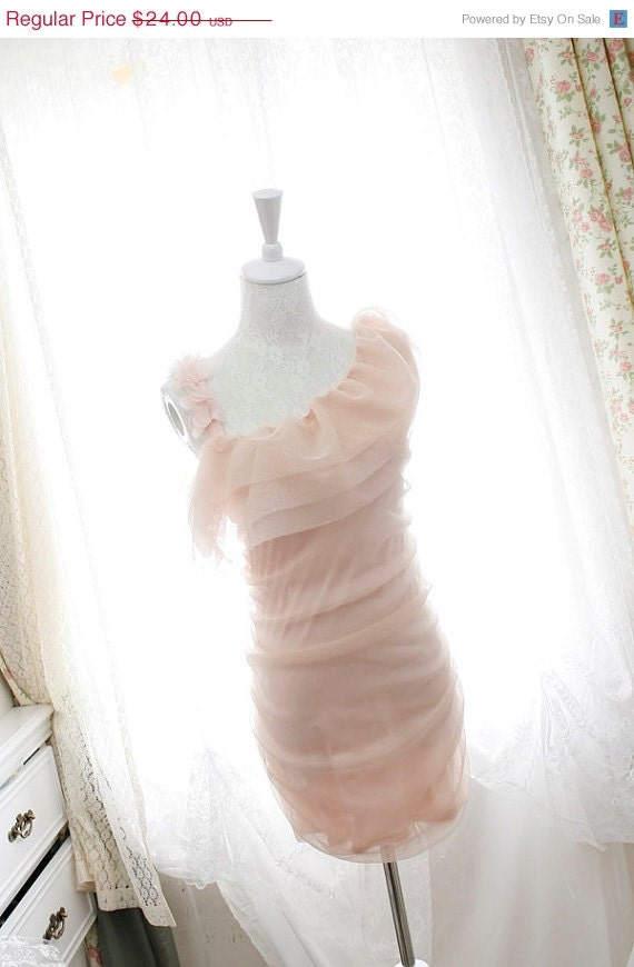 10% OFF SALE one shoulder dress chiffon floral petals ruffles cape bodycon tulle pale pink dreamy romantic Pastel