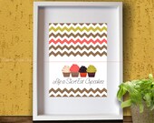 Art Print Home Decor Kitchen Cook Food Cake Modern Wall Design Graphic Sweet Chocolate Cupcakes  Chevron  Pattern Made to Order