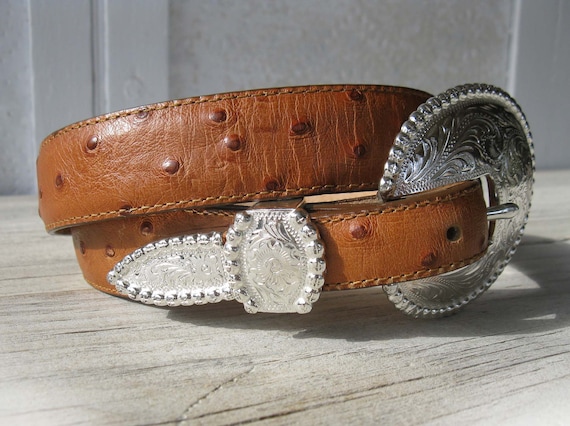 TONY LAMA Tan Ostrich Print Leather Belt with Silver Buckle & Keeper, size 34