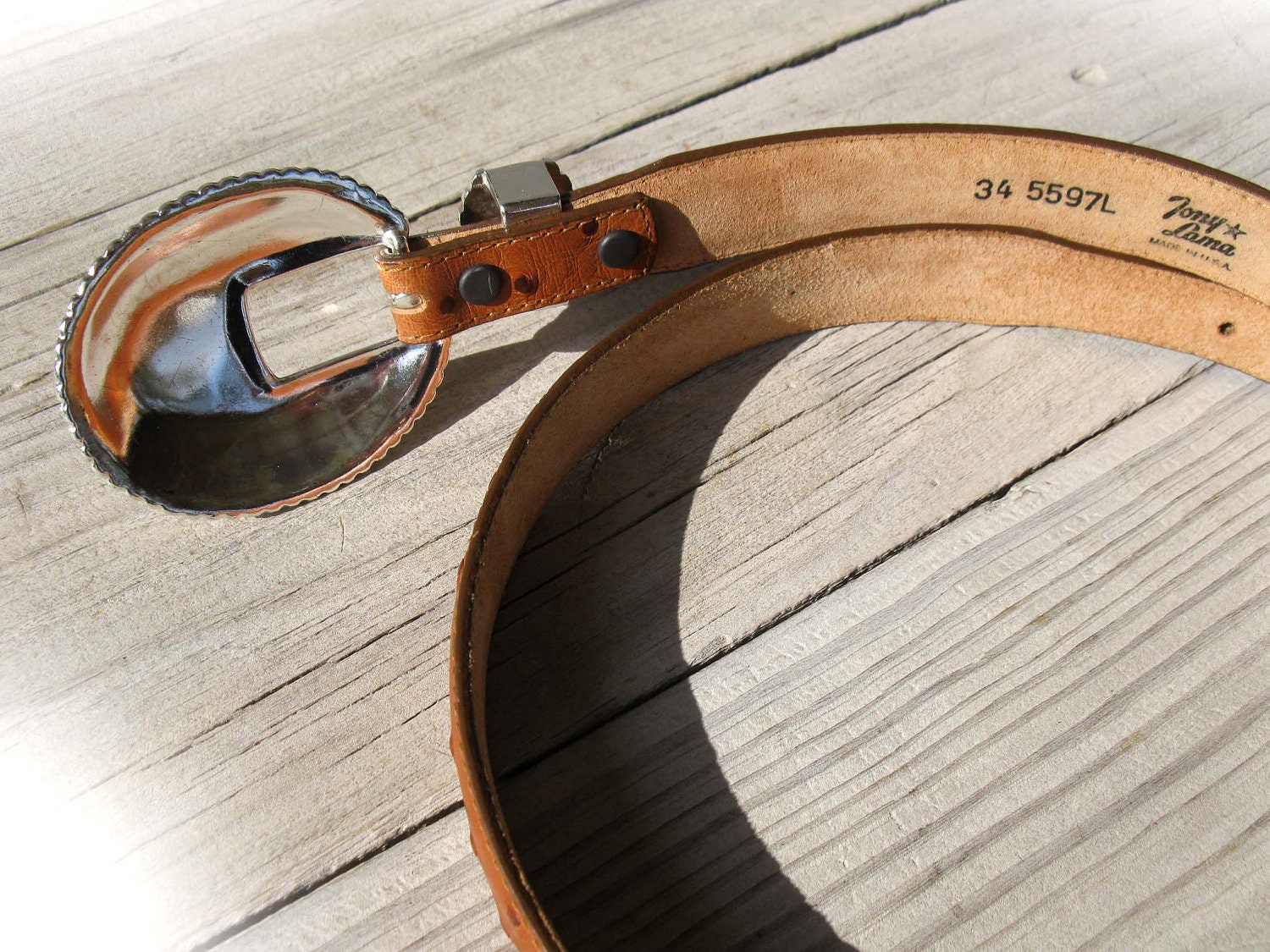 TONY LAMA Tan Ostrich Print Leather Belt with Silver Buckle & Keeper, size 34