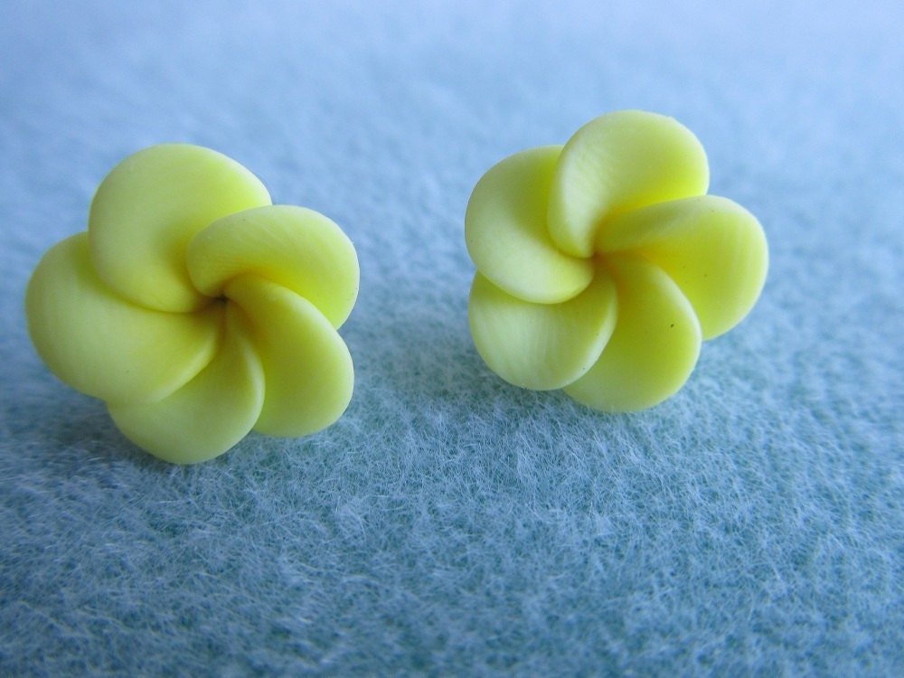 Stainless Posts 15mm Beautiful Hawaiian Bright Sunshine Yellow Plumeria Frangipani Polymer Clay Post Earrings