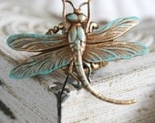THE DRAGONFLY Victorian fantasy aged brass dragonfly finger ring with aqua patina accents