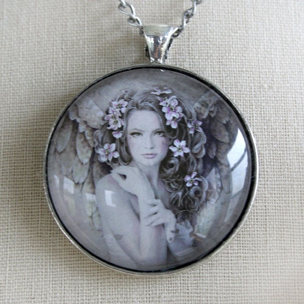 PRIMROSE inspirational vintage angel LARGE art glass pendant on 18" chain, gift boxed