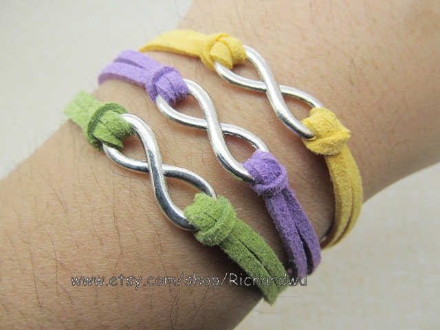 Romantic Silvery Leather Bracelet made by Green & Purple,Yellow leather cord and silver alloy  Bangle LL848
