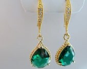 Emerald Green Earrings, Gold Plated Cubic Zirconia - Wedding Earrings, Bridesmaid Earrings, Bridal Jewelry