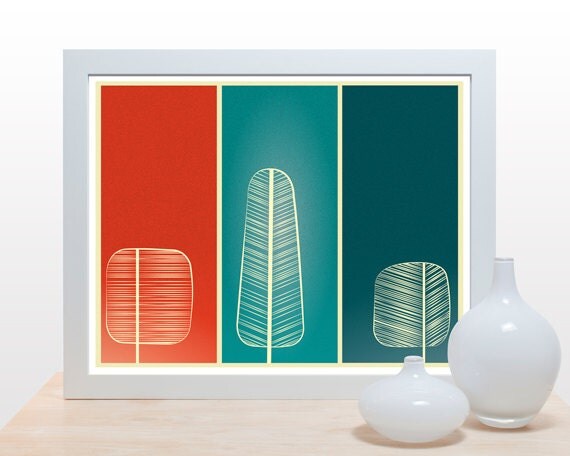 Mid Century Trees Print - 11x14 modern artwork wall decor poster print nature forest branches living room office kitchen red teal green