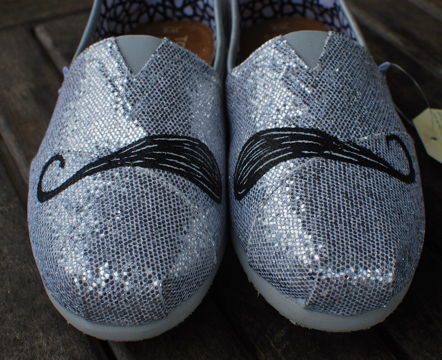 Silver Glitter Black Mustache TOMS shoes