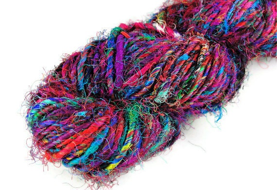 Recycled Sari Silk Yarn Multicolored Mostly Magenta