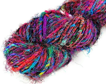 Recycled Sari Silk Yarn Multicolored Mostly Magenta