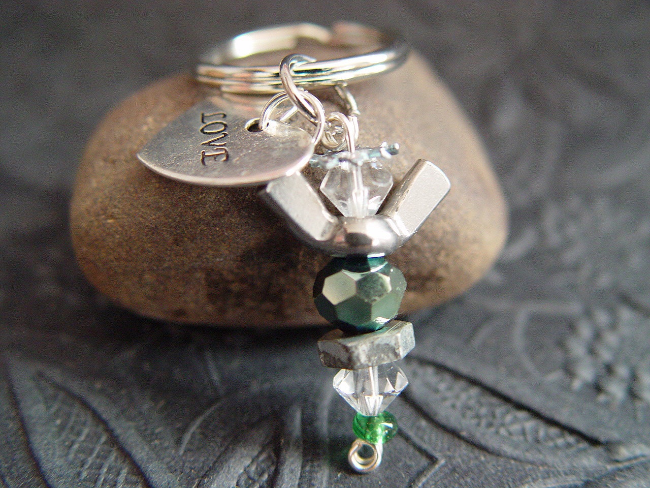 Reflective Green & Clear Beaded Silver Wingnut "Love" Heart Petite Angel Charm Keychain