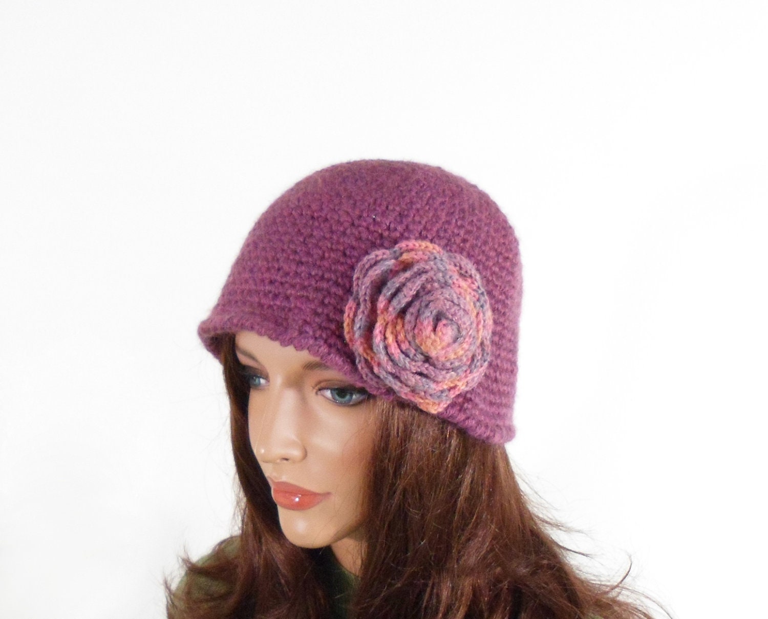 Crochet Cloche Hat with Crochet Flower - Light Violet