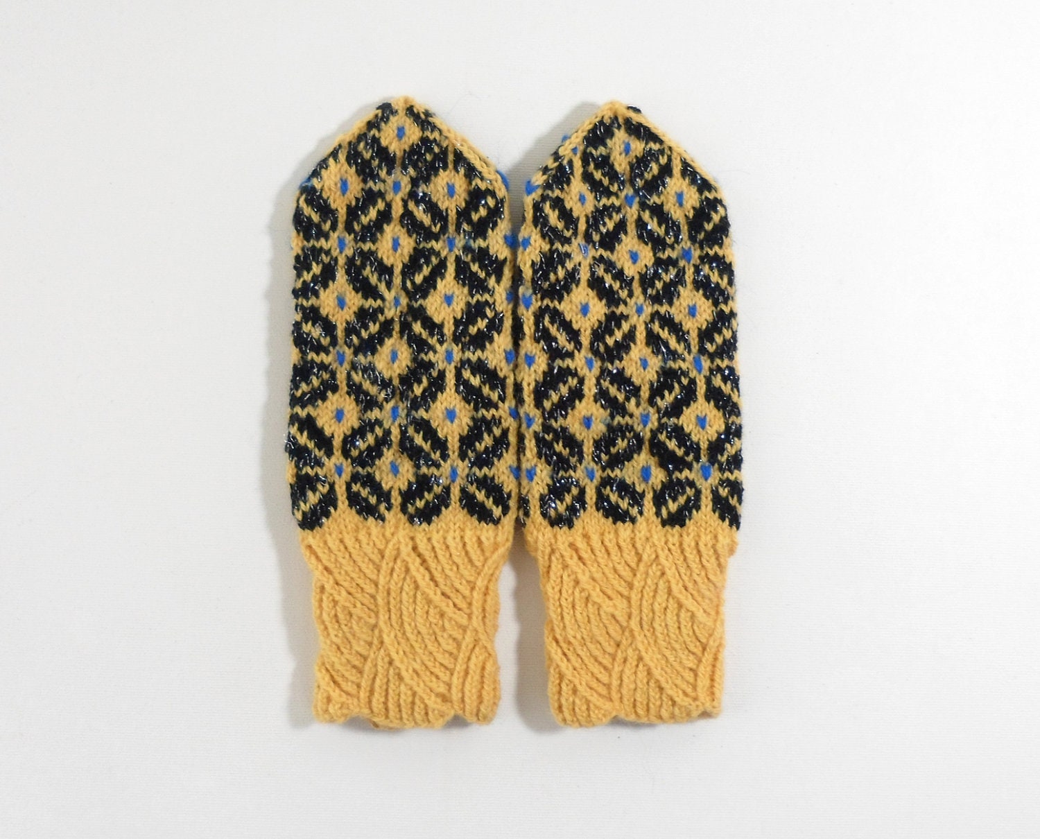 Hand Knitted Mittens - Yellow and Black, Size Small